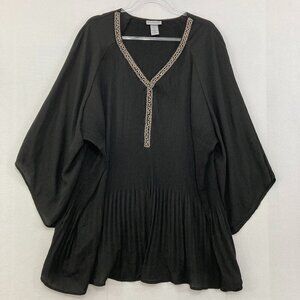 Catherines size 1X Black V Neck Beaded Soft Flowy Pleated Blouse Romantic